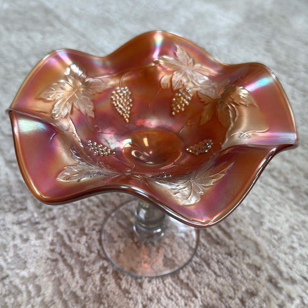 Vintage Fenton Glass Grape Cable Marigold Carnival Glass Compote Ruffled Bowl